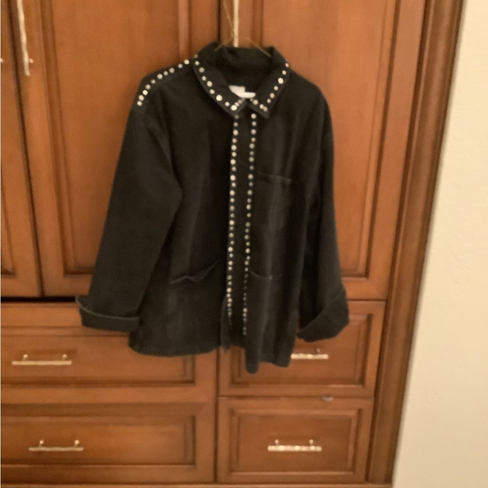 ZARA LADIES DISTRESSED BLACK DENIM LONG SLEEVE SILVER STUDDED LONG JACKET SZ LG